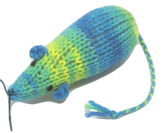 Knit Catnip Mouse Cat Toy is Blue, Green, and Yellow