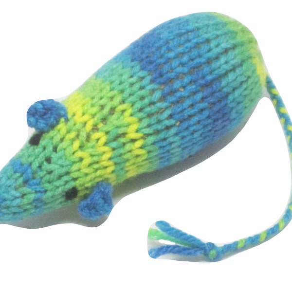 Knit Catnip Mouse Cat Toy is Blue, Green, and Yellow