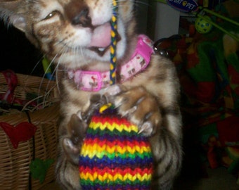 Knit Catnip Mouse Cat  Toy with Bright Rainbow Stripes