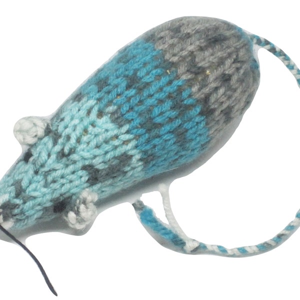 Knit Catnip Mouse Cat Toy has Teal, Grey, and Sea Green Stripes