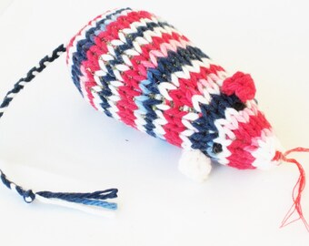 Knit Catnip Mouse Cat Toy in Red, White, and Blue Cotton Yarn