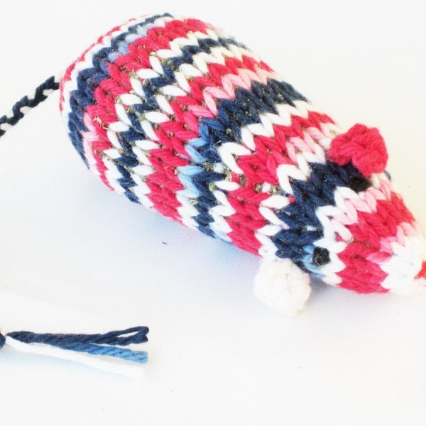 Knit Catnip Mouse Cat Toy in Red, White, and Blue Cotton Yarn