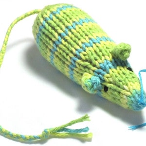 Knit Catnip Mouse Cat Toy in Bright Green and Blue Cotton image 2