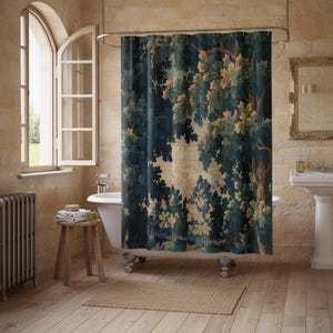Add vintage charm to your bathroom with this stunning shower curtain, featuring a reproduction of an 18th-century Aubusson verdure tapestry. The lush woodland scene brings antique elegance to your bathroom decor, making it a perfect centerpiece for any bathroom renovation. Crafted from high-quality fabric, this bath curtain combines historic beauty with everyday functionality. Elevate your home decor with this unique tapestry-inspired bathroom accessory.