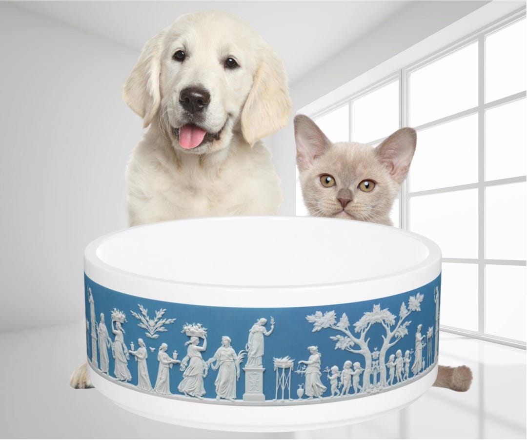 Wedgwood-inspired Pet Bowl, Blue and White Neoclassical Design