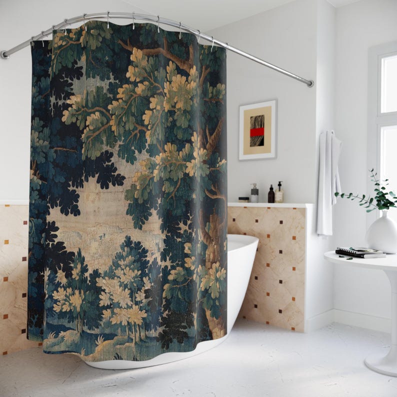Add vintage charm to your bathroom with this stunning shower curtain, featuring a reproduction of an 18th-century Aubusson verdure tapestry. The lush woodland scene brings antique elegance to your bathroom decor, making it a perfect centerpiece for any bathroom renovation. Crafted from high-quality fabric, this bath curtain combines historic beauty with everyday functionality. Elevate your home decor with this unique tapestry-inspired bathroom accessory.