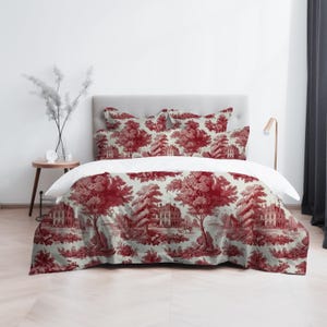 Victoriaans Engels rood microvezeldekbed Toile de Jouy-dekbedovertrek, beddengoed voor thuis, slaapkamerdecoratie, elegante sprei, beddengoed van boerderij
