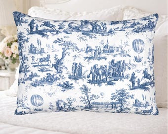Toile de Jouy Cotton Pillow Sham, Blue & White French "Le Ballon" Design, Bedroom Decor