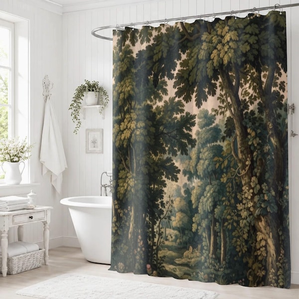 French Verdure Tapestry Shower Curtain, Vintage Château Bathroom Decor