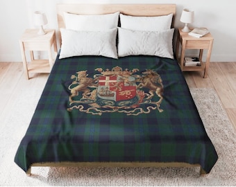 Coat of Arms Woven-Style Bedspread, Ralph Lauren Inspired Tartan Coverlet, Preppy Decor