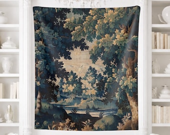 May include: A rectangular wall tapestry featuring a woven landscape scene of a dense forest with dark blue and green foliage, tall tree trunks, and a central clearing. The design includes detailed textures of leaves and branches.