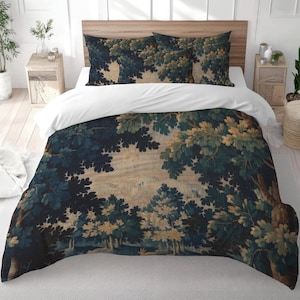 Funda nórdica de algodón con tapiz de verdor francés / Decoración vintage antigua de Aubusson para dormitorio