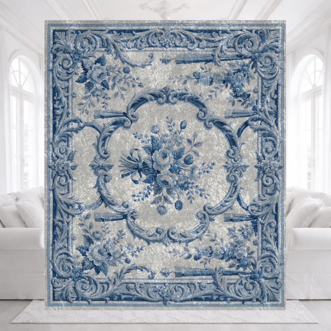 French Aubusson Crushed Velvet Blanket, Shabby Chic Blue & White Home Decor
