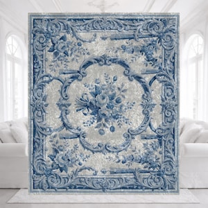 Manta francesa Aubusson de terciopelo arrugado, decoración shabby chic en azul y blanco.