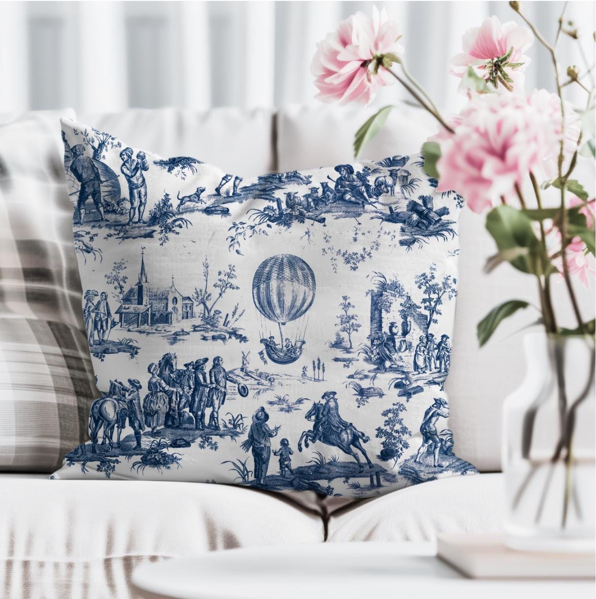 French Country Blue and White Toile de Jouy Pillow Cover, Vintage Pillow Case, Home Decor Accent Cushion, Farmhouse Bedroom, Living Room