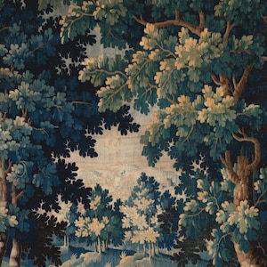 May include: A woven tapestry featuring a dense forest scene with layered trees in shades of deep navy, forest green, and pale cream. The foliage creates a natural frame around a central clearing, showcasing intricate textures and detailed leaf patterns.