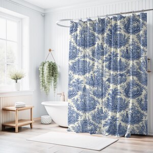 Toile de Jouy Duschvorhang, Landhaus Badvorhang, Blaue und Weiße Badezimmer Dekor, Vintage Stoff, Elegantes Heimtextil