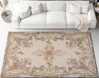 French Aubusson Area Rug | Vintage 18th-Century Reproduction, Shabby Chic Floral Floor Mat