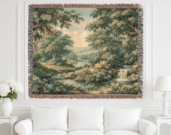 French Verdure Woven Tapestry, Antique Vintage Landscape Wall Hanging, Bedspread & Throw Blanket