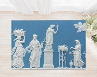 Wedgwood-Inspired Blue and White Vintage Neoclassical Area Rug, Home Decor Accent, Non-Slip Floor Mat, Living Room Carpet, Bedroom Decor