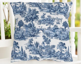 Blue & White Toile de Jouy Outdoor Pillow, French Country Farmhouse Decor