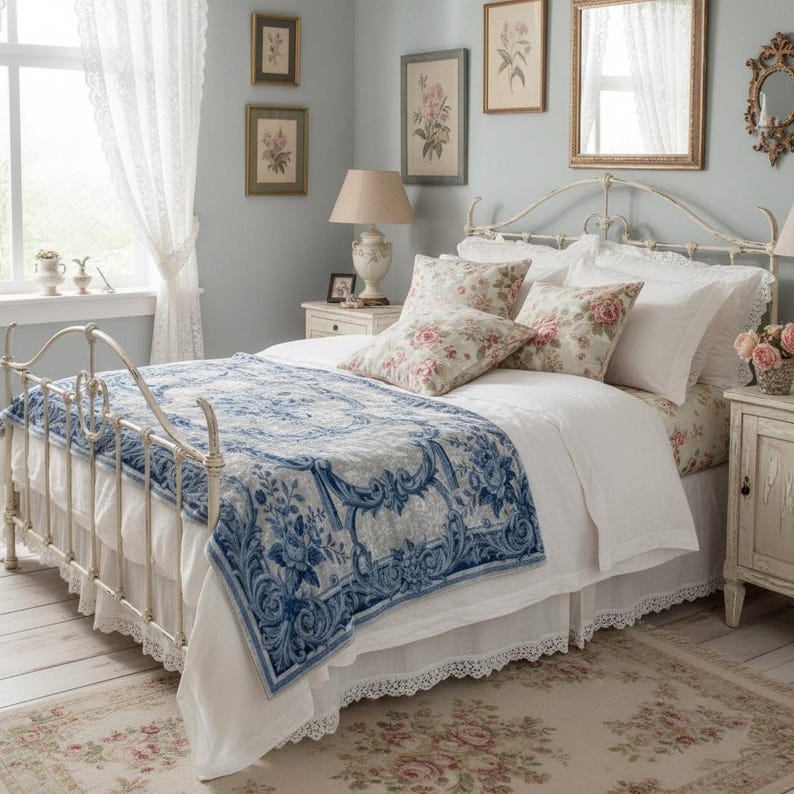Luxury crushed velvet throw blanket featuring an antique-inspired vintage French Aubusson blue and white floral Marie Antoinette design. Soft, fluffy, comfy and cozy, this heritage design elevates home decor in any bedroom or living room. Style it on a sofa, as a bed cover or bedspread in traditional, grandmillennial, French country, or shabby chic interiors. A refined gift for art lovers.