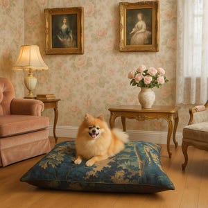 May include: A fluffy, light orange Pomeranian dog rests on a large, square dog bed. The bed features a dark teal and gold pattern with a forest scene. The dog is in a room with antique furniture, floral wallpaper, and framed portraits.
