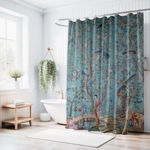 Chinoiserie Shower Curtain, 18th century Vintage Chinese Bathroom Decor, Antique Oriental Bath Curtain, Asian Art Fabric, Grandmillennial