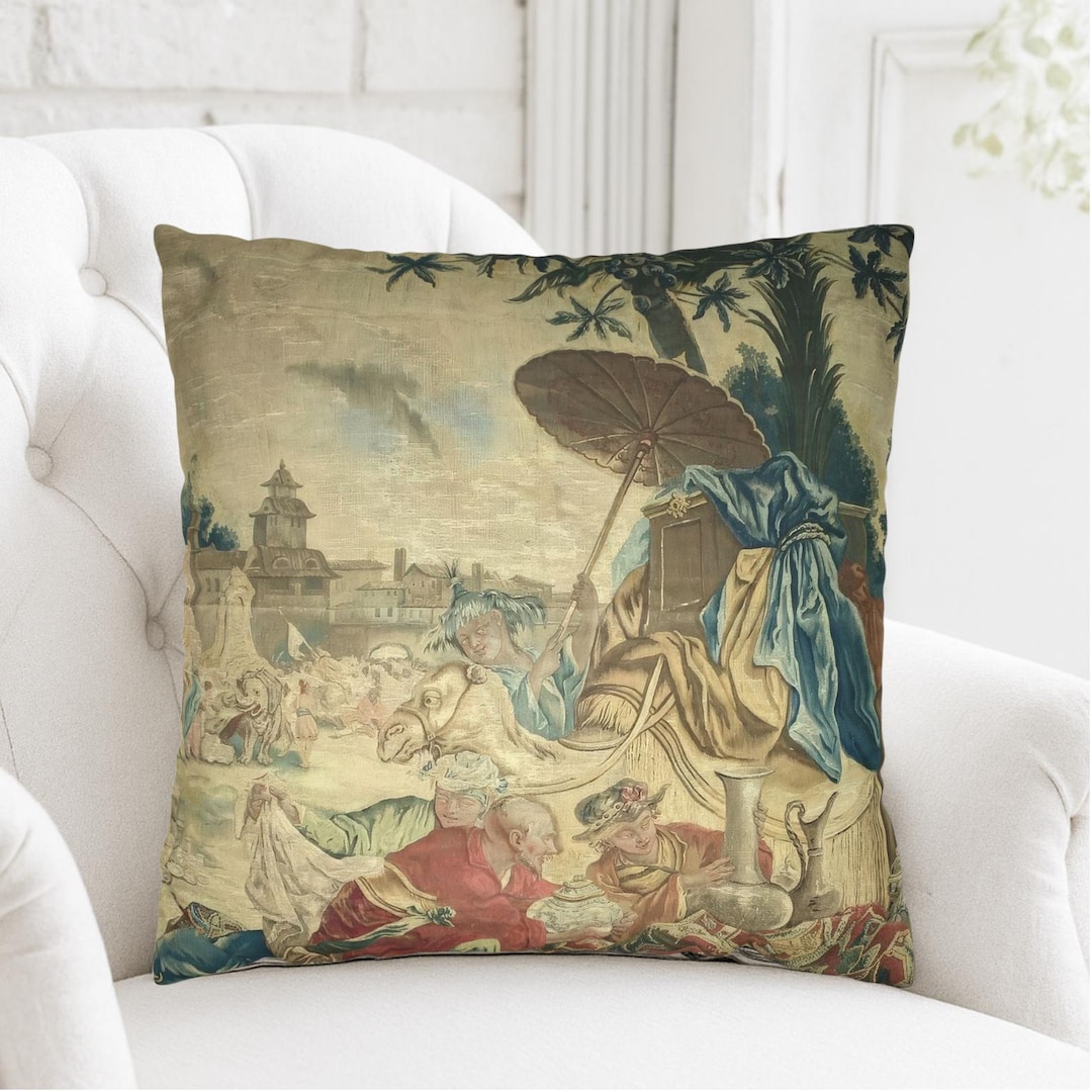 French Chinoiserie Tapestry Pillow Cover, Antique Vintage Throw Cushion ...