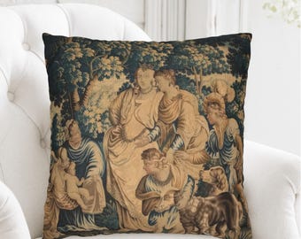 French Verdure Aubusson Tapestry Pillow Cover, Antique Biblical Scene Cushion, Vintage Throw Pillow, Chateau Home Decor, Gift for Art Lovers