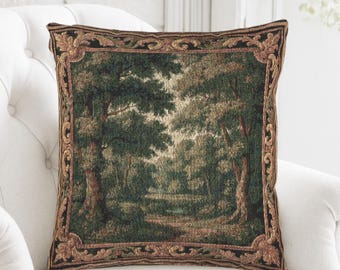 French Verdure Woven Tapestry Throw Pillow: Aubusson Château Cushion