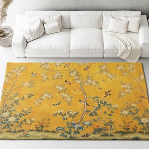 Chinoiserie vloerkleed | Vintage 19e-eeuwse reproductie, Chinese vloermat vogels en bloemen