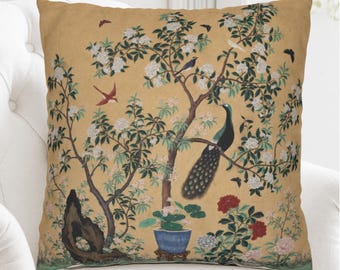 Chinoiserie Pillow Cover | 19-Century Vintage Chinese Birds & Blossoms Decorative Cushion
