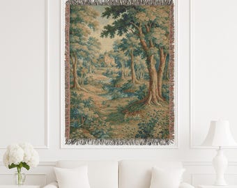 Französischer Verdure gewebter Wandteppich, Vintage Decke im Chateau-Stil, antikes Wohndekor, Tagesdecke, Wandbehang, Wandkunstdekor, Geschenk