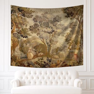May include: A large rectangular wall tapestry featuring a pastoral landscape scene in muted earth tones of brown, beige, and green. The design depicts a forest with tall trees, a seated figure in a long dress, and sheep grazing in a meadow.