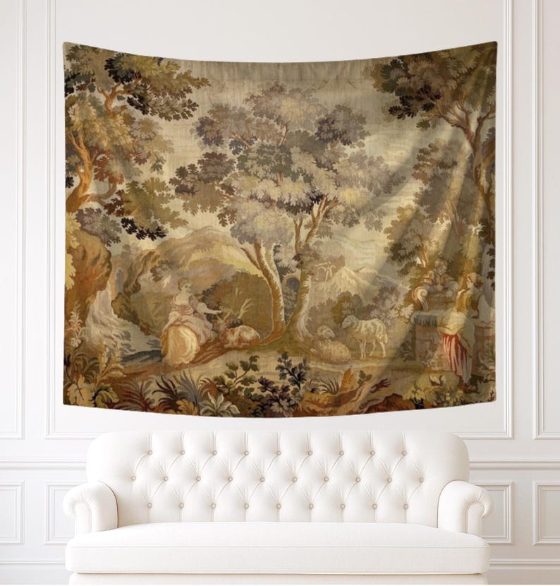 May include: A large rectangular wall tapestry featuring a pastoral landscape scene in muted earth tones of brown, beige, and green. The design depicts a forest with tall trees, a seated figure in a long dress, and sheep grazing in a meadow.