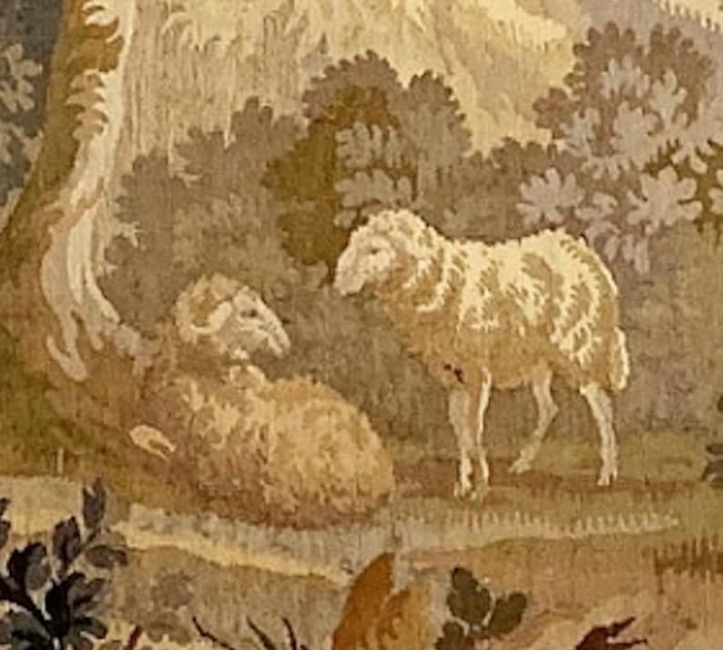 Bring timeless charm to your home with this 19th-century French verdure garden tapestry wall hanging. Featuring pastoral scenes, elegant figures, and lush foliage, this antique-style Aubusson piece adds a grandmillennial touch to any room. Perfect for French country, cottagecore, or vintage decor. Ideal for a living room, bedroom, or hallway. A statement piece for lovers of historic wall art, tapestries, and château interiors.