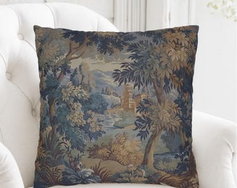 Französischer Verdure-Tapisserie-Kissenbezug, Aubusson-inspiriertes Dekokissen, Vintage-Schlafzimmer-Landschafts-Kissenbezug, Wohnkultur-Geschenk im antiken Stil