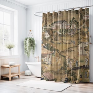 Chinoiserie Shower Curtain, 19th Century Chinese Art, Oriental Bathroom Decor, Unique Vintage Bath Curtain, Asian Home Decor, Antique Design