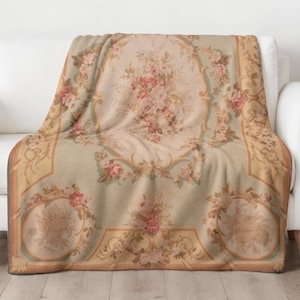 French Aubusson Velveteen Plush Blanket, Vintage Shabby Chic Cozy Throw