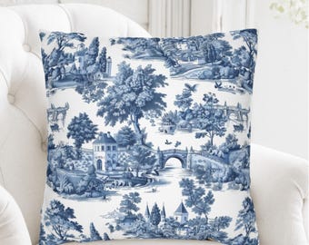 Fodera per cuscino in stile Toile de Jouy francese, cuscino decorativo vintage blu e bianco, decorazione per la casa, copricuscino, cottagecore, idea regalo