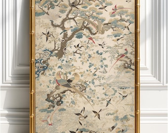 中国美術プリント、シノワズリー壁掛けアート、鳥と花の絵画