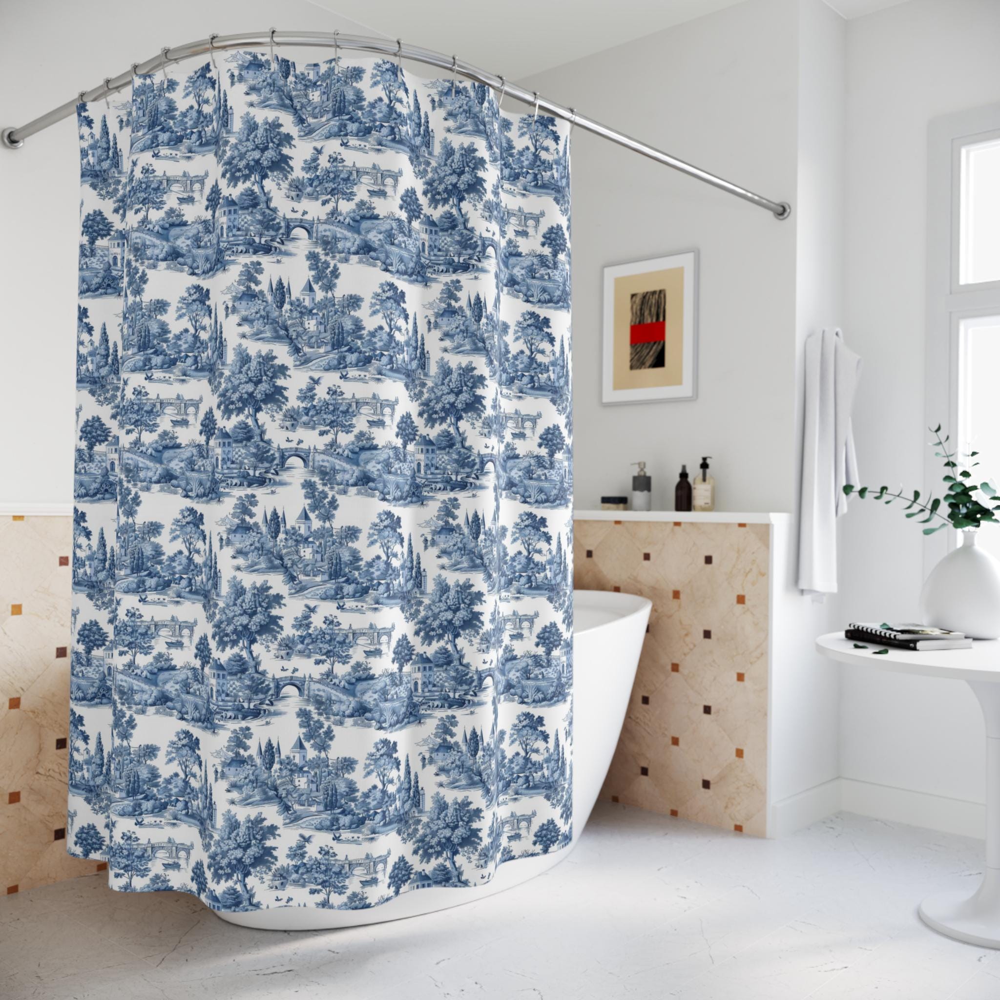 French Country Toile De Jouy Shower Curtain: Blue & White Farmhouse