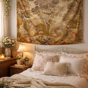 Bring timeless charm to your home with this 19th-century French verdure garden tapestry wall hanging. Featuring pastoral scenes, elegant figures, and lush foliage, this antique-style Aubusson piece adds a grandmillennial touch to any room. Perfect for French country, cottagecore, or vintage decor. Ideal for a living room, bedroom, or hallway. A statement piece for lovers of historic wall art, tapestries, and château interiors.