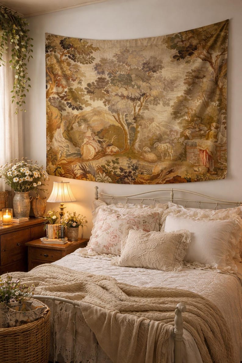 Bring timeless charm to your home with this 19th-century French verdure garden tapestry wall hanging. Featuring pastoral scenes, elegant figures, and lush foliage, this antique-style Aubusson piece adds a grandmillennial touch to any room. Perfect for French country, cottagecore, or vintage decor. Ideal for a living room, bedroom, or hallway. A statement piece for lovers of historic wall art, tapestries, and château interiors.