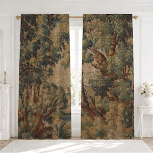 May include: Two floor-length window curtains featuring a detailed forest tapestry print. The fabric displays a dense woodland scene with various shades of green, brown, and beige, depicting layered trees, foliage, and plants on a textured background.