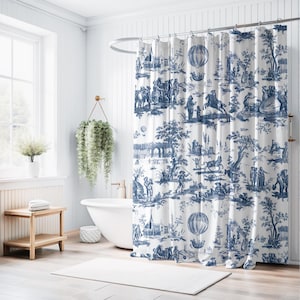 French Country Blue & White Toile de Jouy Duschvorhang, Vintage Badezimmer Dekor, Bauernhaus Cottage Style Home Decor, Stoff Badvorhang