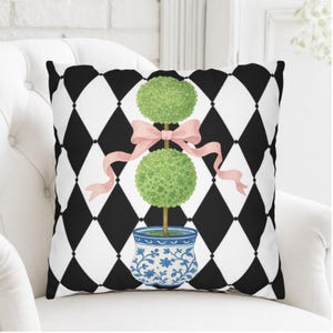Chinoiserie Topiary Pillow Cover, Black White Harlequin Cushion, Preppy Garden Home Decor