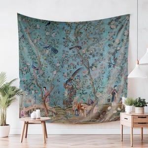Chinoiserie Wall Hanging, 18th Century Chinese Wall Tapestry, Asian Home Decor, Vintage Wall Art Decor Fabric, Antique Oriental Wall Decor