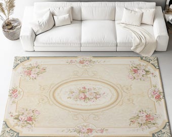 French Aubusson Area Rug | Vintage 18th-Century Reproduction, Shabby Chic Floral Floor Mat